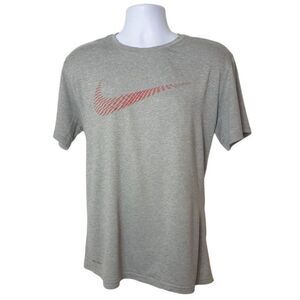 Nike Mens Swoosh T-Shirt L Gray Red Logo  Dri-Fit Athletic Workout Running Gym